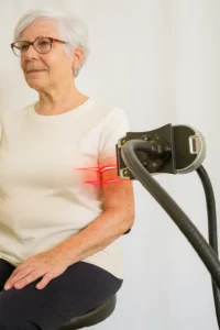 Elderly woman receiving cold laser therapy on her arm